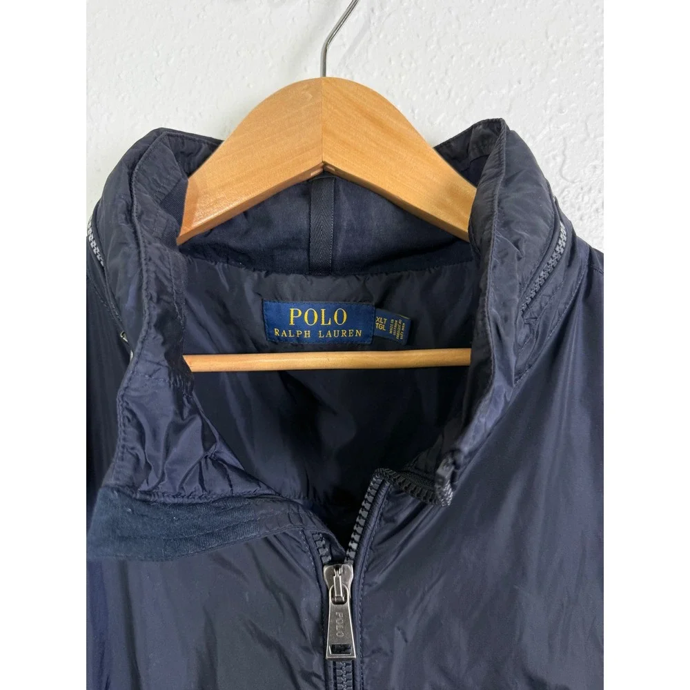 Polo Ralph Lauren Men XLT Windbreaker Jacket Navy Blue Full Zip Hooded Pony Prep